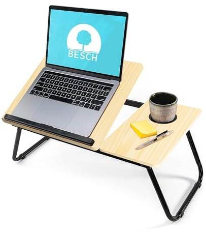 BESCH Bandeja para Cama de Madera Plegable Abatible con Portavasos 55x32x25cm | Mesa Plegable Desayuno Multiuso Ideal para Ordenador Portátil, Trabajo y Leer (Roble Blanco)
