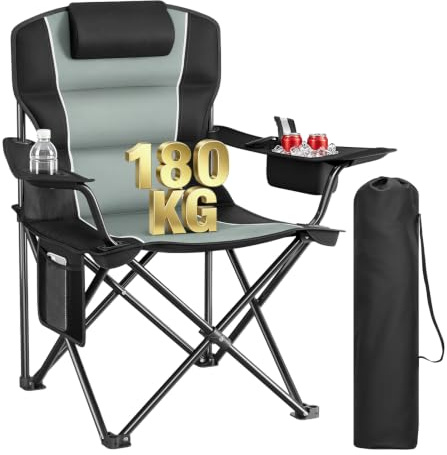 WOLTU Klappbarer Campingstuhl Hochrückig mit Kühltasche, Kopfstütze & Getränkehalter, Angelstuhl Gartenstuhl, Campingsessel bis 180kg Tragkraft, Wasserdicht 600D Oxford