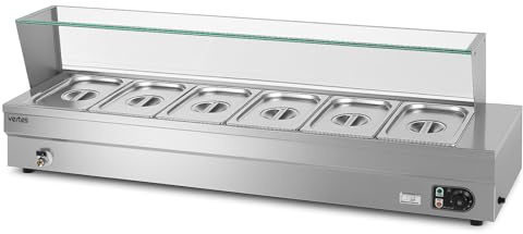 VERTES Scaldavivande Bagnomaria Elettrico Professionale(1500W, 6x Contenitori 1/2GN, 10L con Coperchio, Protezione Vetro, Rubinetto Scarico, Acciaio Inox, Temperatura 30-85°C Gradualmente Regolabile)