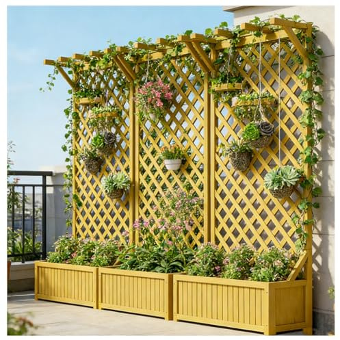1 Jardinière Avec Treillage, Brise-vue D'extérieur, Support Vertical Pour Plantes Grimpantes, Carré De Fleurs Surélevé – Décoration Pour Terrasse, Balcon, Jardin Et Deck(Jaune)