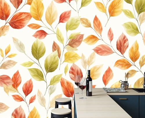 Carta Da Parati Panoramica Colore Arancione 250 x 175 cm - Murales Piante Foglie Autunnali tessuto non tessuto, Decor Carta da Parati Acquerello Foglie, per Soggiorno Cucina Corridoio Muro Di Sfondo