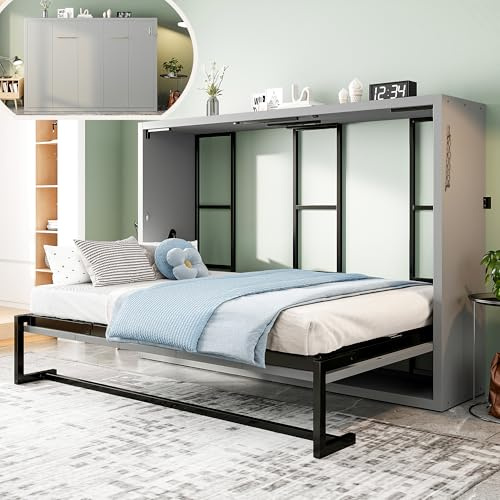 TOBIDOEN Cama plegable de pared de 140 x 200 cm con marco de metal y tablero de madera, cama plegable que ahorra espacio, mecanismo plegable silencioso, cama multifuncional para habitaciones de