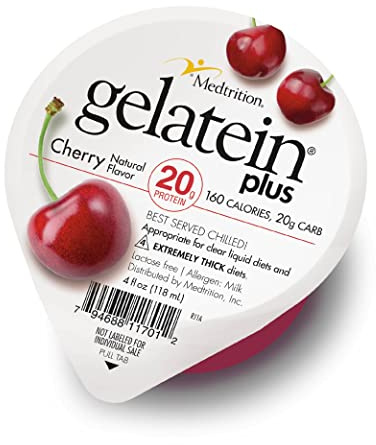 Gelatein Plus Cherry: 20 grams of protein. Ideal for clear liquid diets, swallowing difficulties, dialysis and oncology. Great pre or post-workout snack. (12 pack)