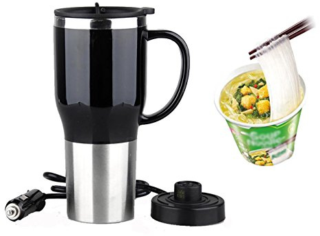 Mengshen Auto Elektrische Heizungs Tasse Car Electric Mug - Stainless steel Portable Cigarette Lighter Outdoor Students Hot Water Coffee Cup Double Layer 12 Volt 450ML 50W, CA107 Black