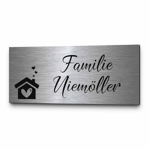 Edelstahl Haustür Türschild mit Gravur | Personalisiertes Namenschild für Briefkasten Tür Garten Bank | Schilder selbst gestalten mit Name & Motiven | Klingelschild Briefkastenschild graviert