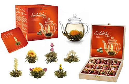 Creano Mélange de Fleurs de Thé - Coffret Cadeau BloomingTea avec Pot en Verre (500ml) + 12 Fleurs de Thé en Boîte en Bois en 6 Variétés | Thé blanc