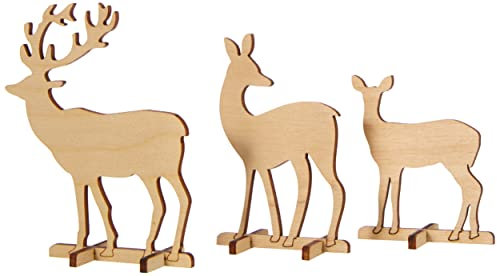 Rayher Holz Steckteil Rehe und Hirsch, FSC Mix Credit, Natur, 2x Reh/1xHirsch, 6,5-9,5cm, SB-Btl 3Stück, 62897505