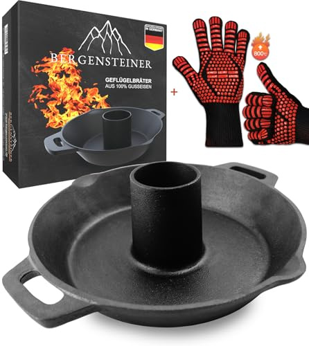 Bergensteiner® Geflügelhalter aus 100% Gusseisen | Hänchenhalter | Premium Geflügelbräter Guss | Hänchenbräter, Gusseisener Hänchenständer für Grill & Backofen | inkl. Premium Grillhandschuhe