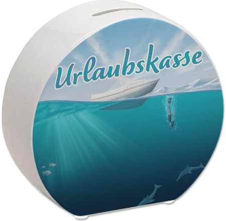 Spardose im Taucher-Design mit Boot und Text - Urlaubskasse Geschenk für Urlauber die gerne mit einem Boot auf das Meer hinaus Fahren um dort nach Fischen oder Riffen zu tauchen