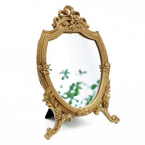 Eaoundm Dekorativer Wandspiegel, antiker goldfarbener Harzrahmen, Make-up-Spiegel, Tischspiegel, für Schlafzimmer, Wohnzimmer, Kommode, Dekor, 21,6 x 33 cm (B x L)