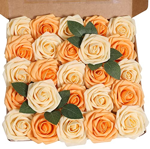 Ruiuzioong Fiori Artificiali Rosa 25pcs Reale Cercando Rose Finte con Gambo per Matrimonio Fai da Te Mazzi Centrotavola Disposizione Partito Casa Arredamento (25 Pezzi, giallo arancio)