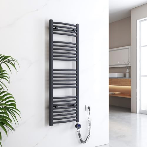EMKE Handtuchheizkörper Elektrisch 1200 x 400 mm, Gebogen Badheizkörper Elektrisch mit Thermostat, Handtuchtrockner Handtuchwärmer mit Timer Anthrazit 500W