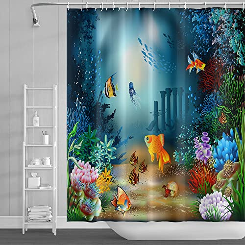 SDOTPMT 122x183cm Mignonne Tropical Poisson Rideau de Douche Vert Algue Coloré Corail Bain Maine Créature sous-Marin Paysage Baignoire pour Salle Bains Polyester avec Crochets, Style 8