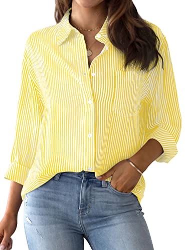 AISEW Womens Button Down Shirts Striped Classic Long Sleeve Collared Office Work Blouses Tops with Pocket (Yellow, 7002L)
