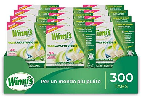 Winni's - Pastiglie per Lavastoviglie, 300 Tabs, Detersivo Multiazione Detergente, Sgrassante, Antiodore e Brillantante, Fragranza di Limone, con Materie Prime di Origine Vegetale, Confezione da 12