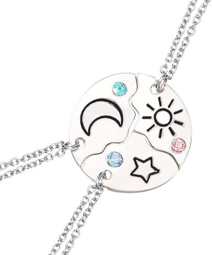 Hifot 3 Stück Halskette Damen Silber Freundschaftskette, Bff Ketten für 3 Mädchen, Kristall Kette Anhänger, Sonne Sternen Mond Halskette Lang für Frauen Freundin Geschenk Personalisierter Schmuck