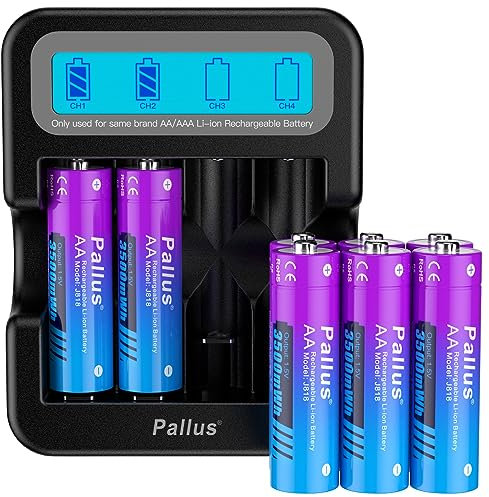 Pallus Batteria Al Litio 1,5V AA, 3500mWh Ad Alta Capacità Con 1600 Cicli, 8 Batterie Ricaricabili Al Litio AA Con Caricabatterie LCD Nero