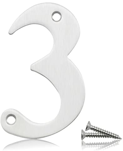 Bwintech 1 Pcs 75mm Satin Nickel SS304 House Numbers Door number 3, House Signs for outside, House Numbers Plaques for Front Wooden Door