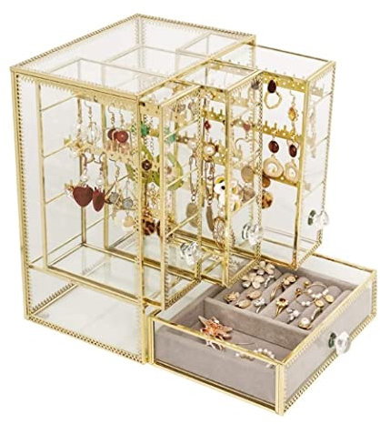 IRYZE Schmuckbox Schmuckkästchen Schmuckschatulle Glas Flanell Schmuck Tablett Schublade Klar Ohrring Halter Organizer Ohrring Aufbewahrungskoffer Ohrstecker Ständer. Schmuckkasten Schmuckkoffer
