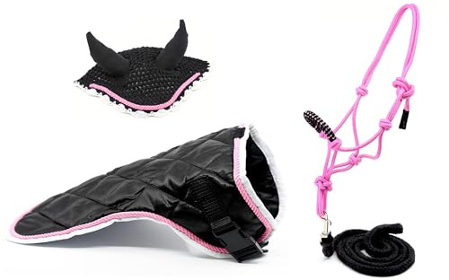 Etologiskt halsband med snodd + filt + flugamössa för hobbyhäst. svart och rosa