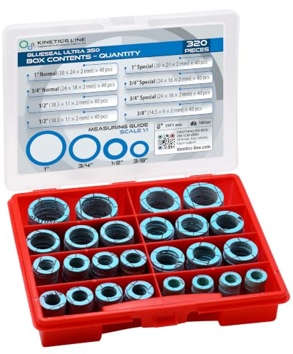 Dichtungsbox, 320 Stück Aramid-Flachdichtungen, 3/8-1 Zoll, bis 350 °C | Sortiment mit 6 Größen für Gas- und Heizungsanlagen; aramidverstärkte Dichtungen bis 350 °C und 100 bar.
