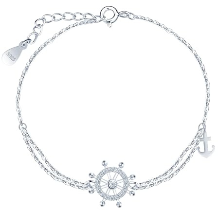 INFINIONLY Bracelets Zircons Elégant Femmes Filles en Argent 925 Bracelet Créatif de Gouvernail - Ancre avec Double Chaîne d'Ancre Réglable Bijoux Fantaisie Couleur d'argent