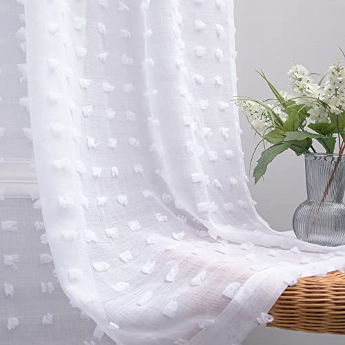 KOUFALL White Sheer Curtains 102 Inches Long for Living Room with Pattern Boho Design Pom Pom Back Tab Ceiling to Floor Length Curtain for Large Bay Window