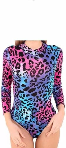 P&R DANCEWEAR LTD Damen-Body mit Rollkragen, langärmelig, dehnbar, bedruckt, stilvoll und bequem, Neon Leopard, M/L
