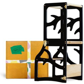 Weco Montessori Kinder Lernturm 2 in 1 Baum Design Tritthocker FSC Zertifikat Schreibtisch Montessori Möbel Küchenhelfer klappbar Stylisch Lernturm (Schwarz)