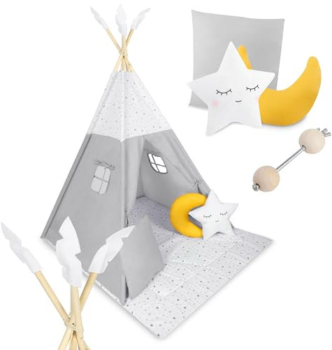 Nukido - Spielzelt für Kinder - Teepee - Spielhaus - mit Holzrahmen, Halterung und Baumwollbezug - Großes Set - mit Kissen, weicher Spielmatte, Fensterrollo - Faltbar - Grau, Weiß, Gelb