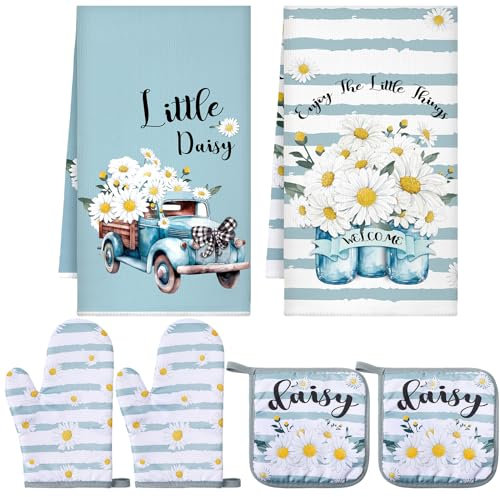 Bencailor 6 Pcs Spring Kitchen Decor Sunflower Pot Holders and Oven Mitts Sets Yellow Kitchen Towel 2 Farmhouse Cooking Mittens for Cooking Grilling Supply Accessories(Blue, White,Daisy)