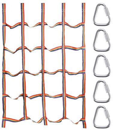 Holdes Playground Rope Net Training Net, Climbing Cargo Net, Rainbow Webbing Net For Kids,Cargo Rope Obstacle, High Strength Webbing With Triangle Rings, Playground Tree House Accessories, 145X185cm
