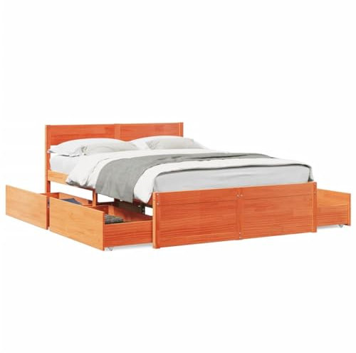 vidaXL Solid Pine Wood Double Bed Frame with Drawers - Wax Brown, 135x190 cm - Plywood Slats & Built-In Storage Function