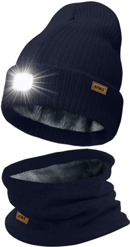 ATNKE LED Mütze mit Licht und Schal Set, Wiederaufladbare USB 4 LED Beleuchtete Laufmütze Winter Warme Gefütterte Fleece Halsschlauch und Stricken Mütze für Herren und Damen Geschenke