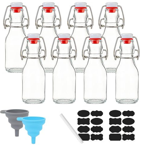Botellas de vidrio con tapa abatible de 3.38 oz, juego de 8 con bolígrafo/etiquetas blancas/2 embudo de silicona, botellas de vidrio con tapa abatible con tapas herméticas for elaboración casera de ce