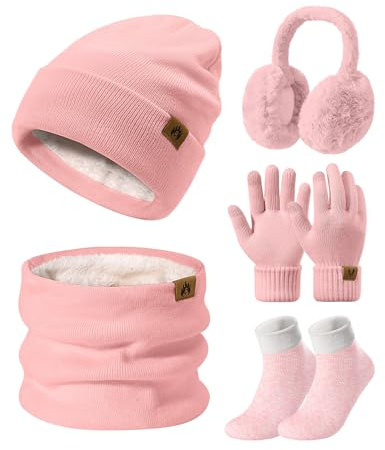 PASUDA 5pcs Ensemble Hiver Femme 5 en 1 Bonnet Echarpe Gant Tricoté Chaud Écharpe de Doublure Polaire Gants d'écran Cache-Oreilles Chaussettes Thermiques Pour Ski Sports Extérieur (Rose)