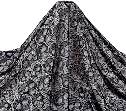 PH PandaHall 1.8m Halloween Totenkopf Spitzenstoff Schwarzer Baumwollstoff 1.5m Breite Schwarzer Tüll Stoff Spitze Stoff für Halloween Kleid Nähen Tischtuch Vorhänge Party Auflage DIY Wohndeko Basteln