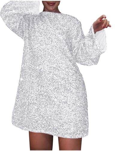 Glitzerkleid Damen,Pailettenkleider für Damen Langarm Paillettenkleid mit Krawatte Elegante Glitzer Kleid Kurze Partykleid Abendkleid mit Schleife Moden Festkleid Cocktailkleid Silvester Kleid Frauen