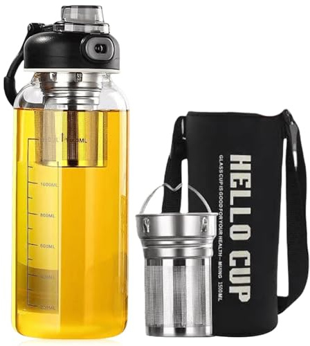 GOMETY Gourde en verre borosilicate de 1,5 l avec bec d'écoulement à thé, 1500 ml, portable, anti-fuite, idéale pour les amateurs de thé, la gym, le sport, l'extérieur, le fitness, le bureau, sans BPA