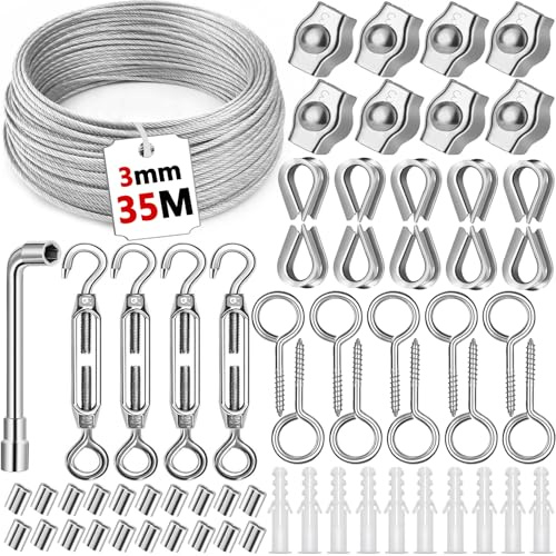 NEMMXUB 35M/3mm Edelstahl Stahlseil Kit, Drahtseil Rankhilfe Set, 304 Drahtseil Edelstahl, Stahlseil Ummantelt mit Ösen Seilspanngarnitur, Drahtseilklemme, Spannschloss, für Gardinenseil Suspension