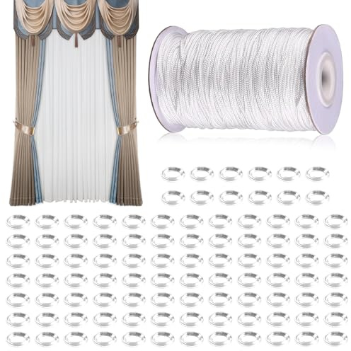 Roman Blind Rings, 100 PCS Curtain Cord Clear 55 Yards Roman Blind Rings 1.8mm Nylon Lift Shade Cord Drapery Cords Set for DIY and Gardening Plant Curtain Crafts