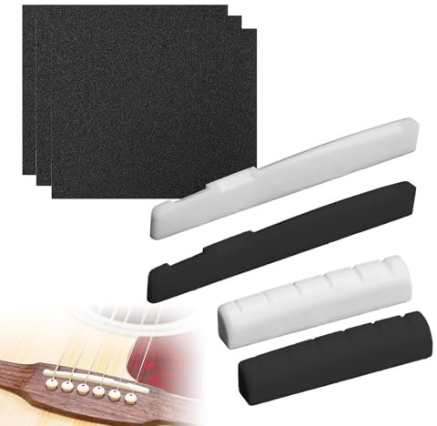 ZWWOGE 2x Set Gitarren Zubehör für Westerngitarre ， Brücke/Sattel in Schwarz & Weiß + Schleifpapier-Set (320/600/1500 Körnung) Komplettersatzteile für 6-Saiten Gitarren-Zubehör