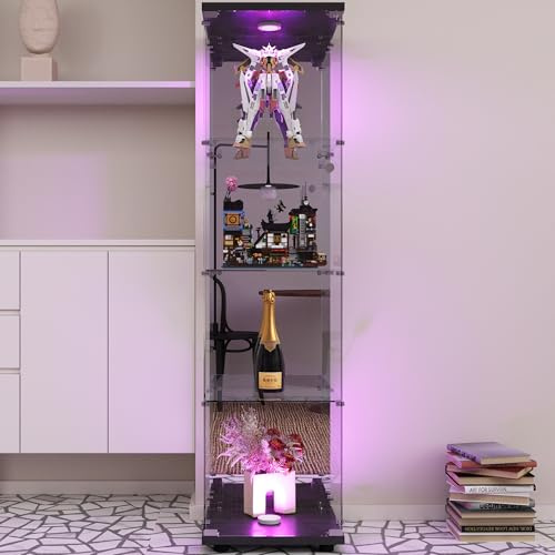 Vitrine mit LED Beleuchtung, Glasvitrine Standvitrine, 4 Lagen Modern Glas Holz Vitrine, Vitrinenschrank mit Schloss und Tür, Sammlervitrine für Sammlerstücke Bücher Wein, 36x42x164 cm, Schwarz