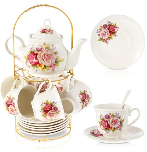 Zhehao 20 Pcs Porcelain Tea Set for Adult, with Metal Holder, Modern