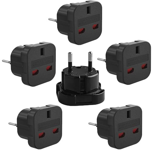 SKIKHN Adaptadores de Viaje de Reino Unido a EU, 6 Pieza Adaptador de Enchufe de USA a Enchufe Europeo, Adaptador de Enchufe Británico a Español, de 3 Pines UK a 2 Pines Europeos, para Europa, España