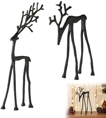 Christmas Reindeer Figurines, Black Iron Reindeer Christmas Decor, European-Style Imitation Metal Deer Statue, Table Centerpieces Ideal for Mantel Living Room Bedroom Office 27cm