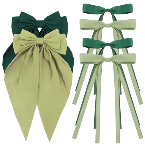 ANBALA Satin Ribbon Hair Accessories Set 6 Pcs Long Tailed Bowknot Hair Clips and Barrettes for Women and Girls (Green, Dark Green)