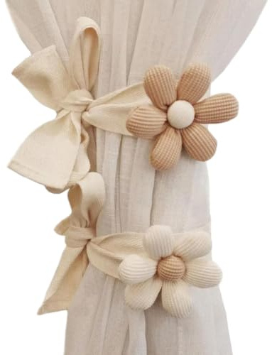 JchEnye 2 pezzi di fermacurtaini floreali, nappe per tende, cordoncino decorativo per la casa, complemento d'arredo per la camera dei bambini (floreale), bianco sporco + marrone caffè
