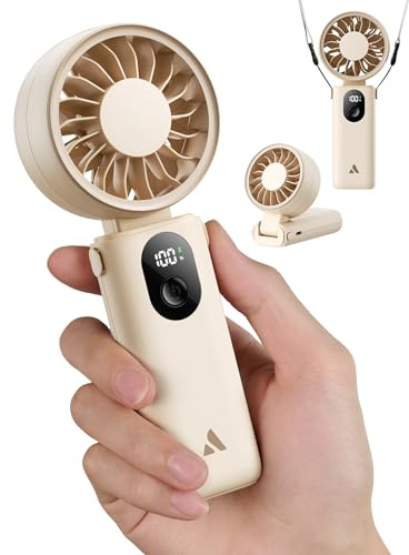 Aecooly Mighty Portable Handheld Fan | 20H Max Cooling Time | 3 Flexible Modes | 5 Speeds Wind | Battery Level Display | USB Rechargeable Mini Personal Battery Powered, Gifts for Women, Travel -Beige