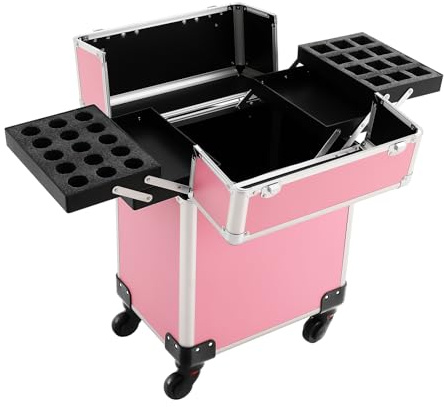 Estuche de maquillaje portátil con ruedas, maletín cosmético profesional con ruedas, estuche de peluquería de aluminio para viaje, color rosa